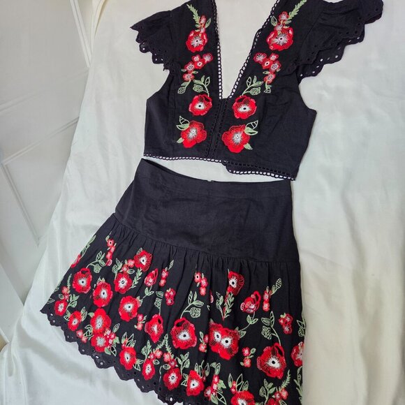 Anthropologie Floral Embroidered Two-Piece Set | Boho Crop Top & Skirt | Size 8 - Picture 3 of 13